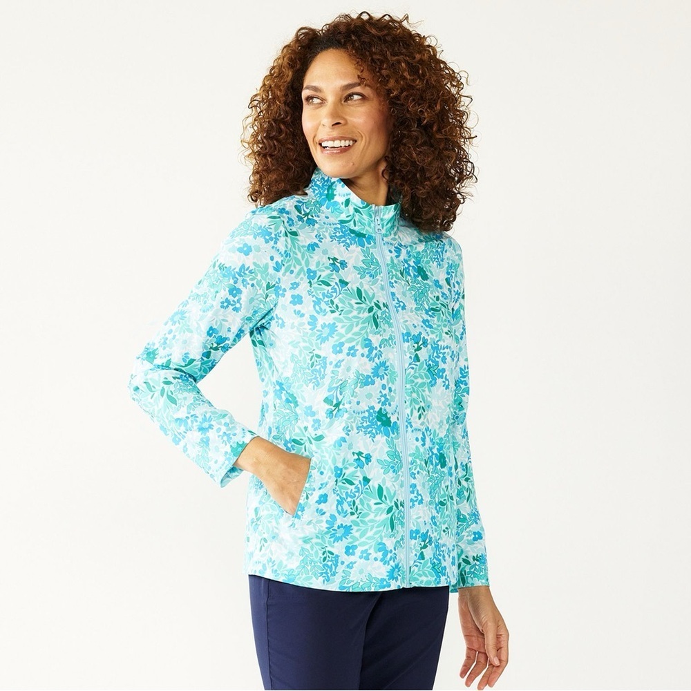 #90 CROFT & BARROW ABSTRACT AQUA BLUE & GREEN FLORAL ZIP JACKET SIZE LARGE NWOT - Picture 6 of 7